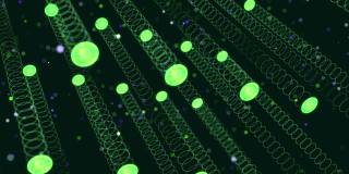 摘要发光绿色粒子形成三维物体。汽缸。Vj循环作为虚拟数字空间的bg。粒子形成全息影像的形状，作为大数据、网络或vr空间的概念。科幻运动设计bg。