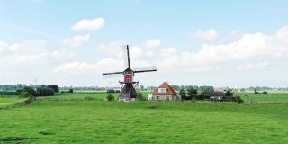 新与旧。传统的荷兰景观，有风车和奶牛。后面是扩张的城市
