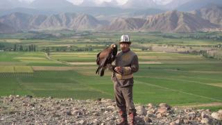 鹰猎人站在吉尔吉斯斯坦山脉的背景视频素材模板下载
