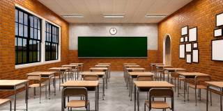 新常态教室和桌椅间距，防止新冠病毒(COVID-19)的传播。空教室是为了教和学。3 d渲染室内。