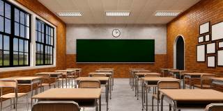 新常态教室和桌椅间距，防止新冠病毒(COVID-19)的传播。空教室是为了教和学。3 d渲染室内。