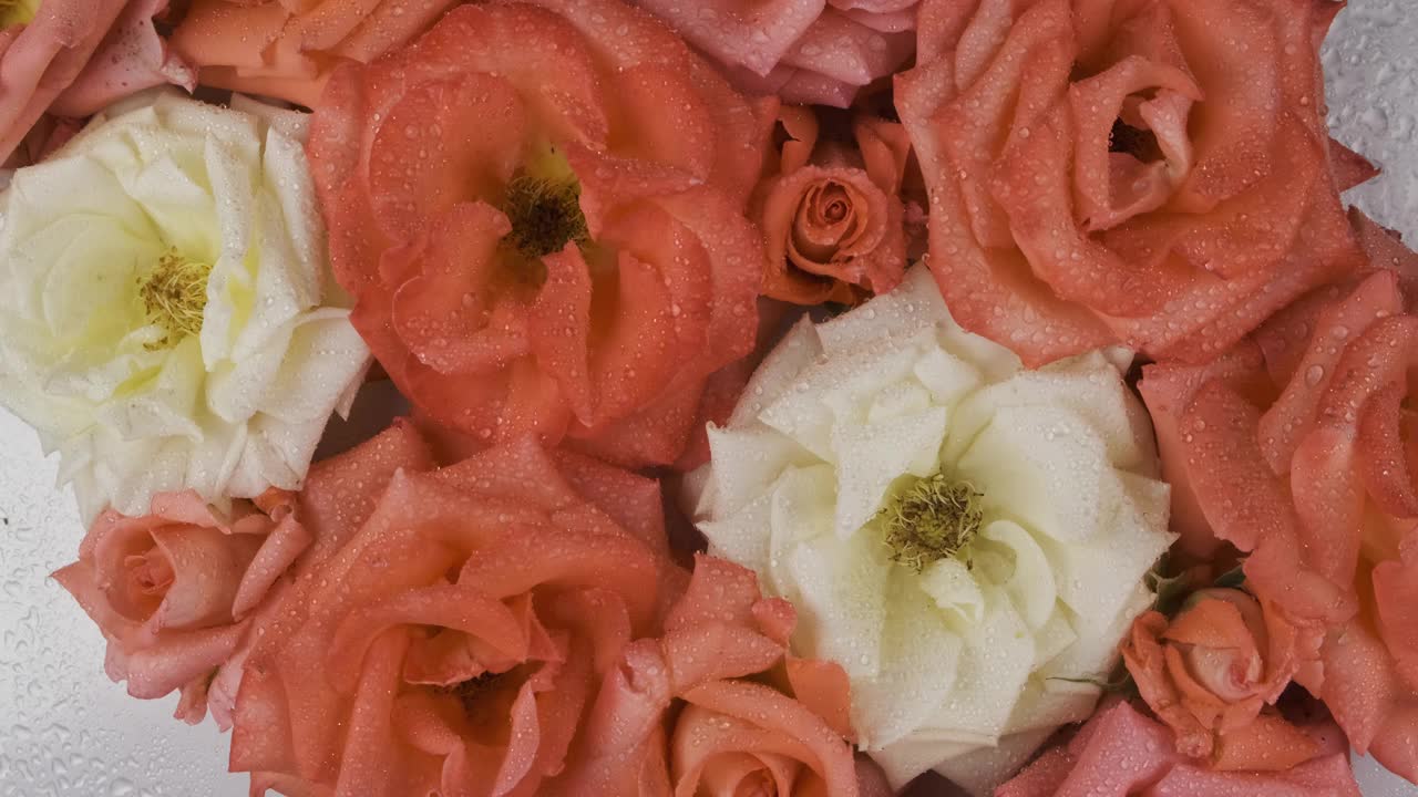 旋转着盛开的玫瑰花蕾里的露珠。特写镜头。