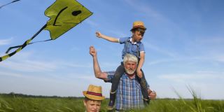 爷爷和孙子们拿着风筝走过田野