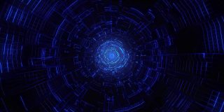 飞行进入网状结构，抽象的霓虹灯蓝色圆圈科幻隧道