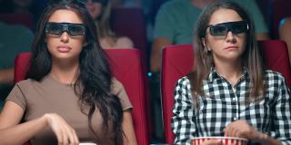 两位女性朋友戴着3d眼镜观看电影首映式，一脸震惊的表情坐在前排