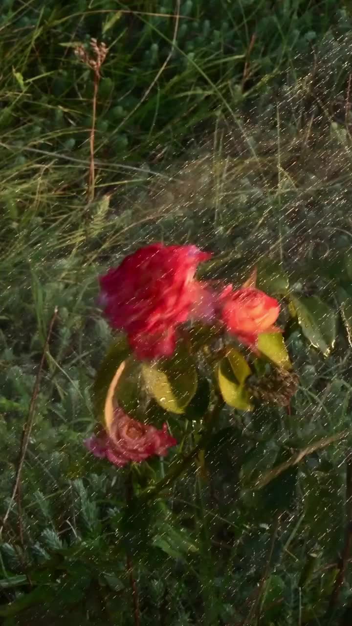 水柱冲洗着花园中橙红色的超级明星玫瑰