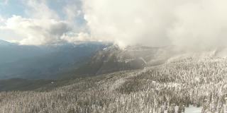 加拿大自然景观的鸟瞰图在积雪覆盖的山顶