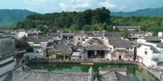 中国古村落(宏村)鸟瞰图，晴天。
