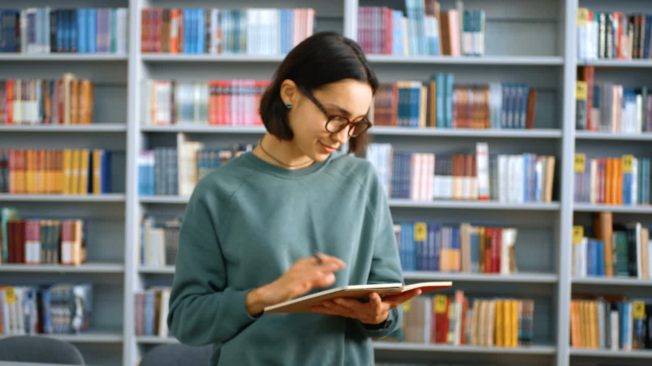 一名年轻的千禧一代女学生站在公共图书馆书架的背景下，在她的笔记本上写作业。教育的概念
