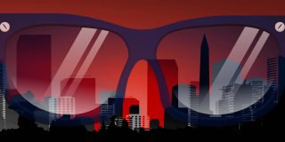 眼镜和城市景观上的震动文本动画