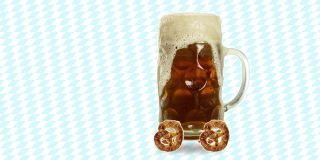 定格动画设计或美术动画。大啤酒杯，泡沫在传统背景上滚动，4k视频动画。现代，概念，当代艺术拼贴。啤酒派对，酒吧，啤酒节的概念