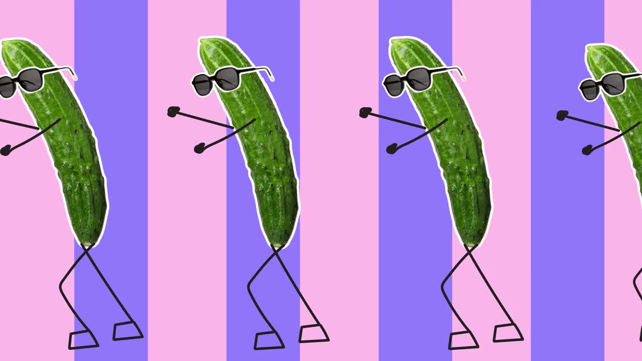 定格运动设计或2D美术动画与许多有趣的绿色黄瓜跳舞或移动的彩色背景。现代，概念，当代艺术拼贴。素食食品的概念或广告。