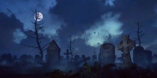 阴森的夜晚墓地，满月和魔法灯光