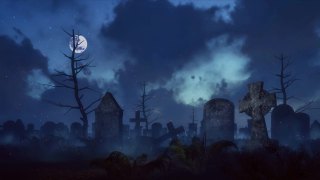 阴森的夜晚墓地，满月和魔法灯光视频素材模板下载
