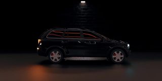 动画的一辆黑色汽车的侧视图。一辆吉普车在一堵挂着灯笼的砖墙旁边穿过一条黑暗的隧道。