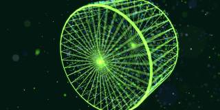 摘要发光绿色粒子形成三维物体。气缸。Vj循环作为虚拟数字空间的bg。粒子形成全息影像的形状，作为大数据、网络或vr空间的概念。科幻运动设计bg。