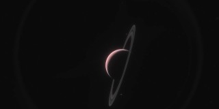 另一个太阳系的外星系外行星，有着美丽的光环。这颗行星位于一个美丽的星云和星系的背景下。三维动画的行星在空间