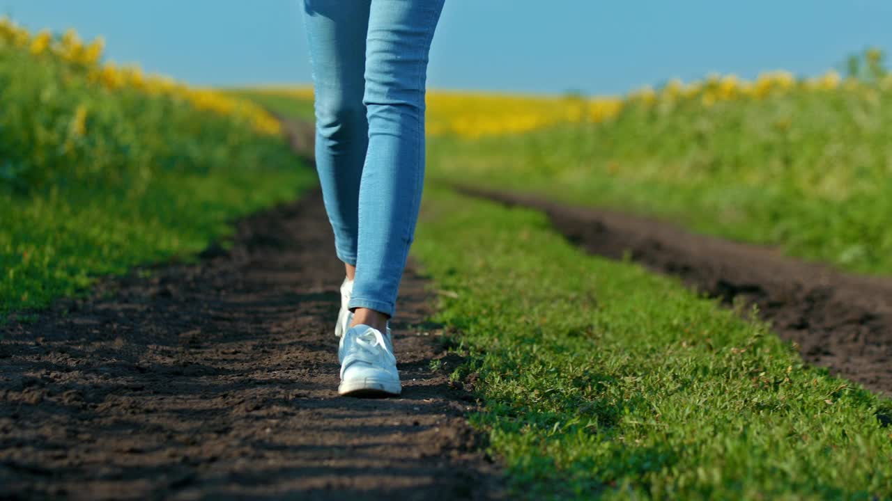 特写镜头，一个穿着白色运动鞋的女人正沿着一条乡村小路走着。走在田野里的小路上，双脚踩着。底部视图。4 k, ProRes
