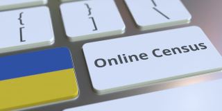 在线人口普查文本和键盘上的乌克兰国旗。概念3 d动画
