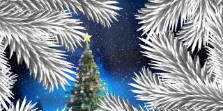 圣诞树上的树枝上飘落着雪花，白色的圣诞树映衬着夜空中闪烁的星星