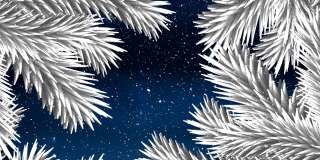 圣诞树的树枝在雪花的映衬下，在夜空中闪烁着蓝色的星星