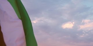 阿联酋国旗在夕阳的天空中随风飘扬。阿联酋国旗日。