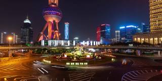 4K延时:中国上海陆家嘴明珠环行人行天桥上的交通灯轨迹。