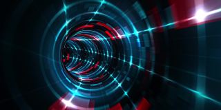 魔术闪烁发光的飞行线运动和照亮隧道的红蓝光效应。未来主义的霓虹灯背景，紫外线发光线，激光，光速。4 k 3 d seamles