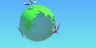 飞机环绕世界，地球或地球。旅游，旅行，度假，商务或机场的概念。蓝光背景，4k分辨率。阿尔法通道