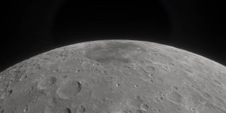 月球在太空深处。宇宙飞船在月球附近飞行。月球的三维模型