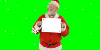 动画的圣诞老人手持白色标志与复制空间在绿色屏幕背景