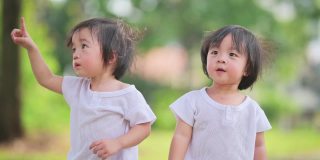 亚洲华人双胞胎男婴和他的哥哥在草坪公园周末的娱乐追逐中指指点点