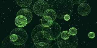 摘要发光绿色粒子形成三维物体。球体。Vj循环作为虚拟数字空间的bg。粒子形成全息影像的形状，作为大数据、网络或vr空间的概念。科幻运动设计bg。