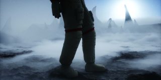 宇航员在外星球。火星表面。太空旅行。现实的4 k的动画。