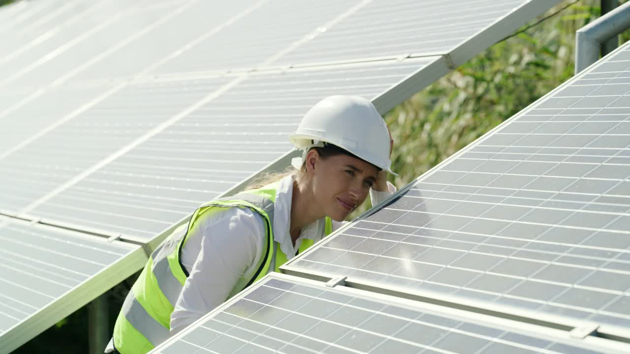 一名女工检查太阳能电池板的4k视频片段