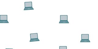 动画一排排的笔记本电脑，学生，篮球在白色的背景