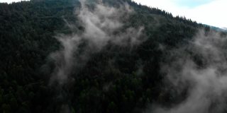 神奇的鸟瞰图。在美丽的雾中飞过高山。航空摄影机镜头。空中的云。雾。蒸汽。