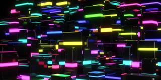 不同大小的立方体网络照明多色霓虹灯，犹如夜城。环形4k暗背景霓虹灯立方体灯泡。可视化工作ai大数据或区块链技术。