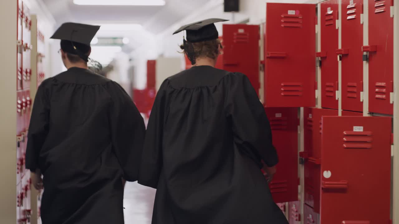 4k视频显示两个十几岁的男孩在高中毕业典礼那天跑过大厅