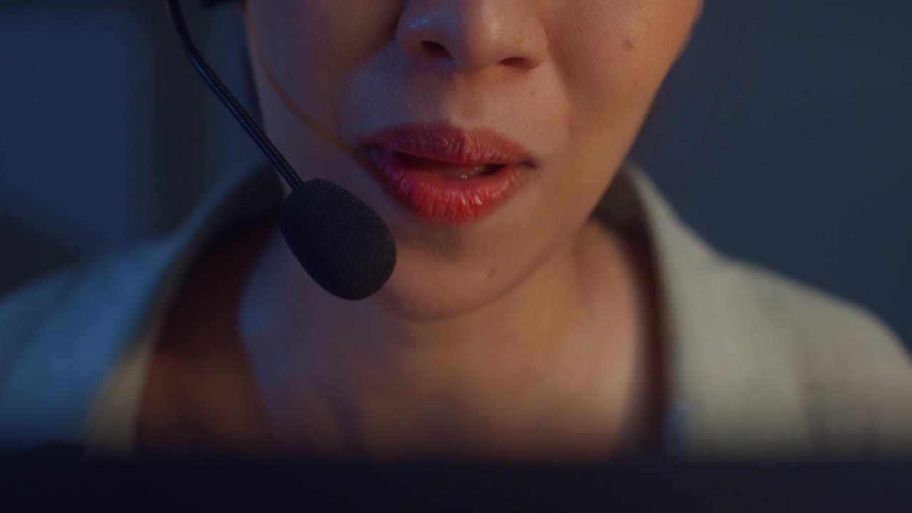 年轻的亚洲自由职业女性戴着耳机，晚上在家的客厅里用笔记本电脑进行视频会议和电话会议。
