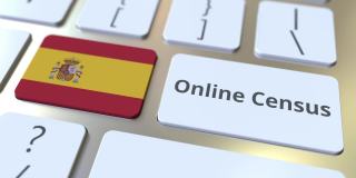 在线人口普查文本和西班牙国旗在键盘上。概念3 d动画