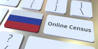 在线人口普查文本和俄罗斯的旗帜在键盘上。概念3 d动画