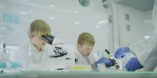 好奇的男孩在实验室工作。使用显微镜和准备实验。和父亲一起学习，传递样本