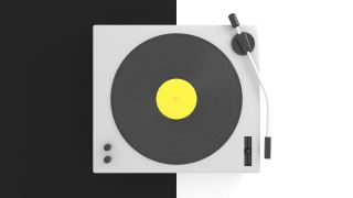 复古黑胶唱片与黄色标签的dj转盘上的黑色和白色组合背景。复古的声音技术概念来播放音乐。顶视图的动画视频素材模板下载