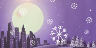 雪花映照着驯鹿拉着雪橇的圣诞老人在夜空中的城市景观