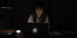 一个亚洲成熟的商业女性晚上独自坐在办公室里。