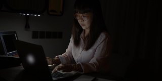 一个亚洲成熟的商业女性晚上独自坐在办公室里。