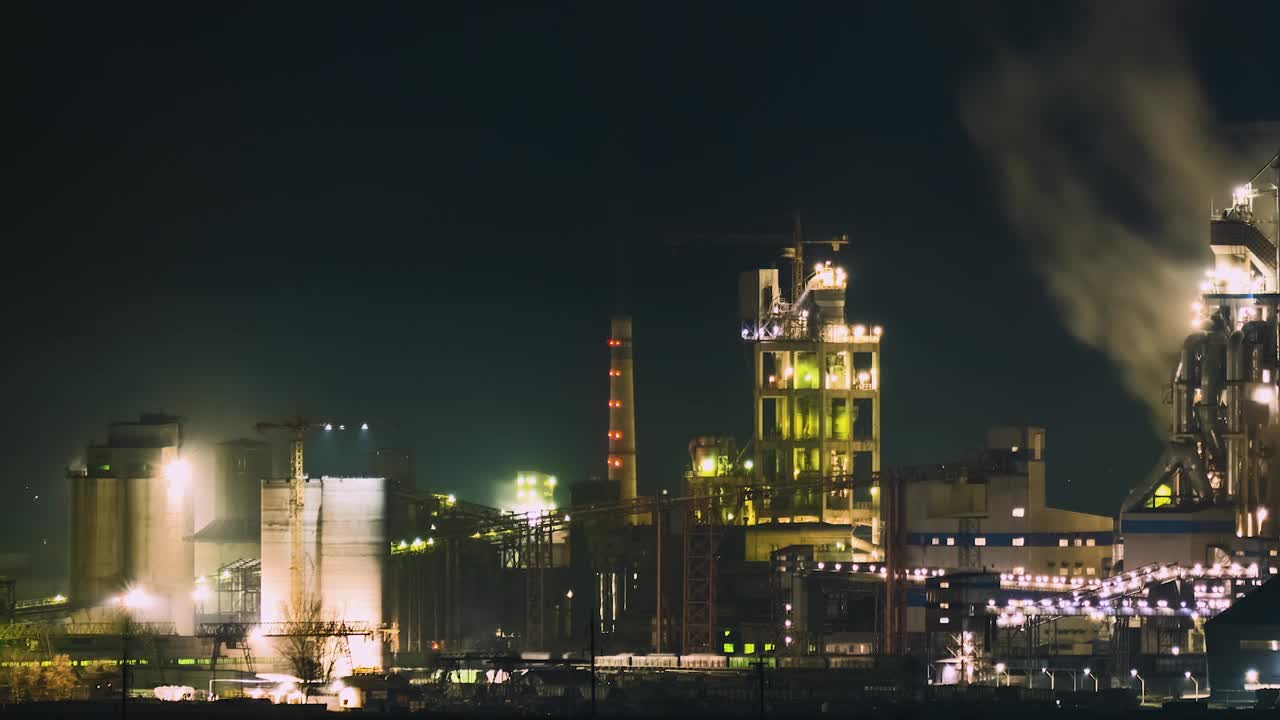 水泥厂高层混凝土结构，夜间有塔式起重机和烟筒。工业生产与空气污染的概念。