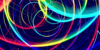 现代运动设计vj循环bg飞行通过艺术空间从发光的圆圈线霓虹灯和彩虹梯度颜色。环的背景色彩鲜艳，美丽创意。运动图形