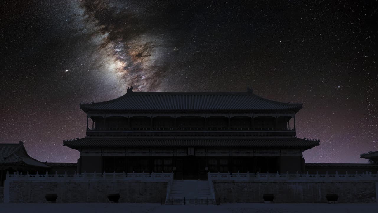 紫禁城的古建筑在夜晚的银河下